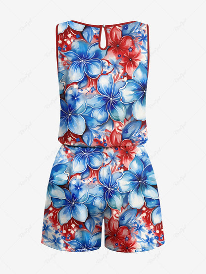 Plus Size Patriotic American Flag Floral Print Hawaii Drawstring Pocket Romper
