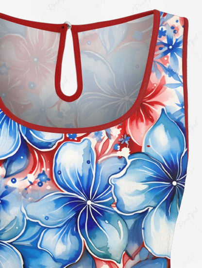 Plus Size Patriotic American Flag Floral Print Hawaii Drawstring Pocket Romper