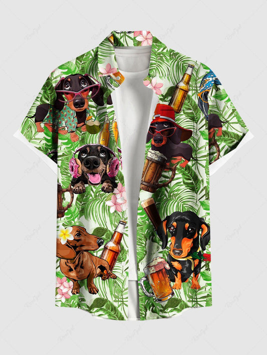 Plus Size Dogs Beer Hibiscus Flowers Tropical Leaf Print Buttons Pocket Hawaii Shirt For Men