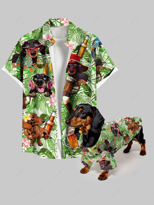 Dogs Beer Tropical Leaf Flowers Print Hawaii Shirts Dog and Owner Matching Outfits
