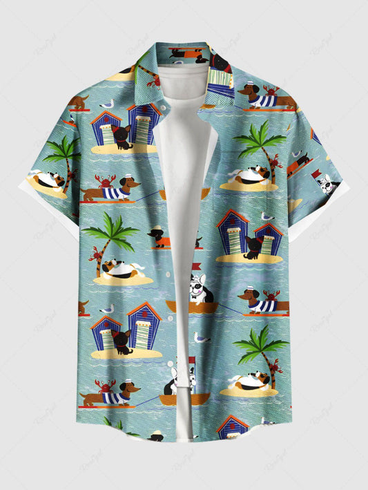 Plus Size Coconut Tree Seascape Dog Print Hawaii Button Pocket Shirt For Men