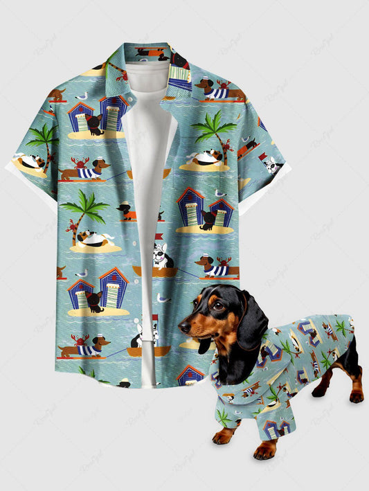 Coconut Tree Seascape Dog Print Hawaii Shirt Dog And Owner Matching Outfits