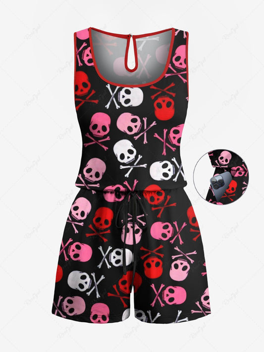 Plus Size Colorful Halloween Skull Bone Print Drawstring Pocket Romper