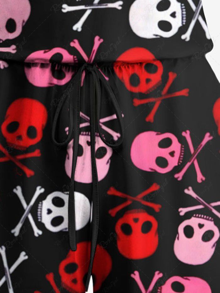 Plus Size Colorful Halloween Skull Bone Print Drawstring Pocket Romper