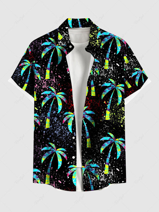 Plus Size Coconut Tree Paint Splatter Print Buttons Pocket Hawaii Shirt For Men
