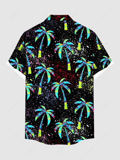 Plus Size Coconut Tree Paint Splatter Print Buttons Pocket Hawaii Shirt For Men