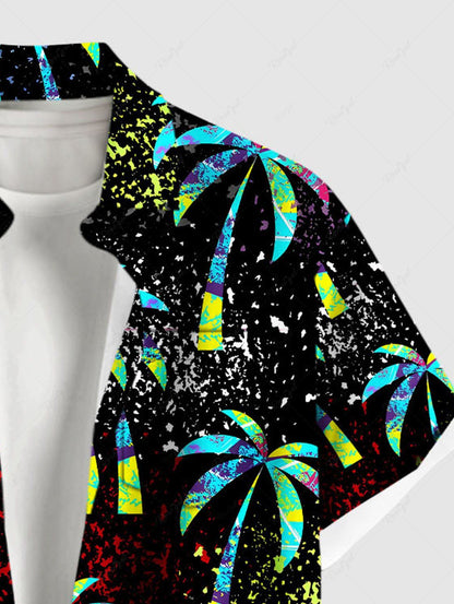 Plus Size Coconut Tree Paint Splatter Print Buttons Pocket Hawaii Shirt For Men