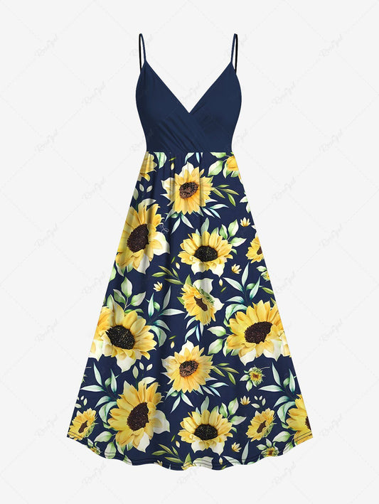 Plus Size Sunflower Leaf Print Hawaii Surplice A Line Cami Dress