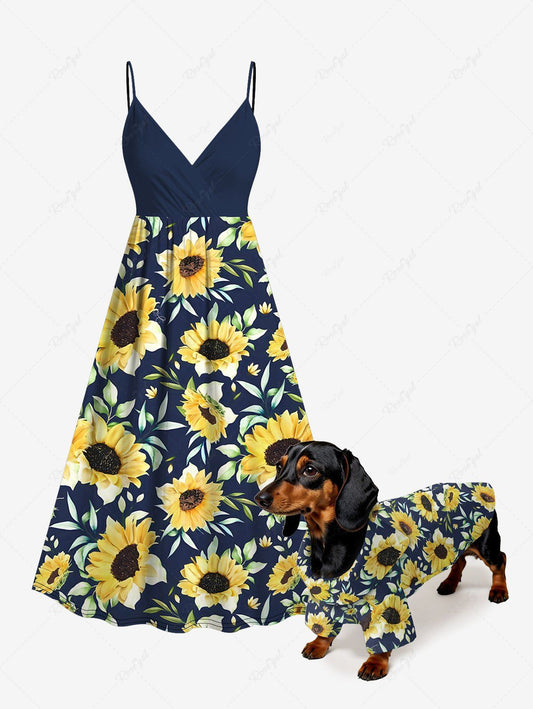 Sunflower Leaf Printed Hawaii Shirt Dress Dog And Owner Matching Outfits
