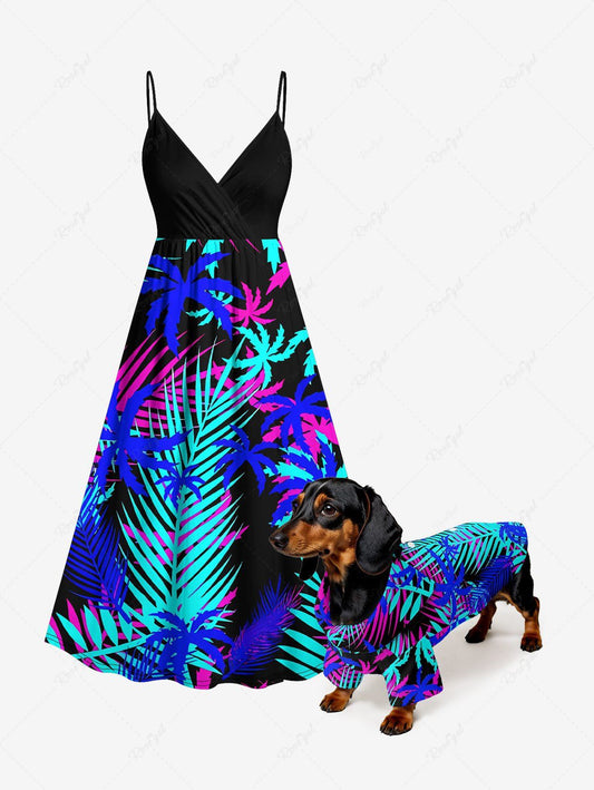 Coconut Tree Tropical Leaf Print Surplice Hawaii Cami Dress Dog and Owner Matching Outfits