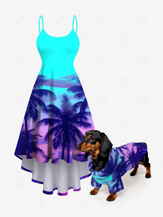 Coconut Tree Cloud Seascape Ombre Print Hawaii Shirt and Cami Dress Dog and Owner Matching Outfits