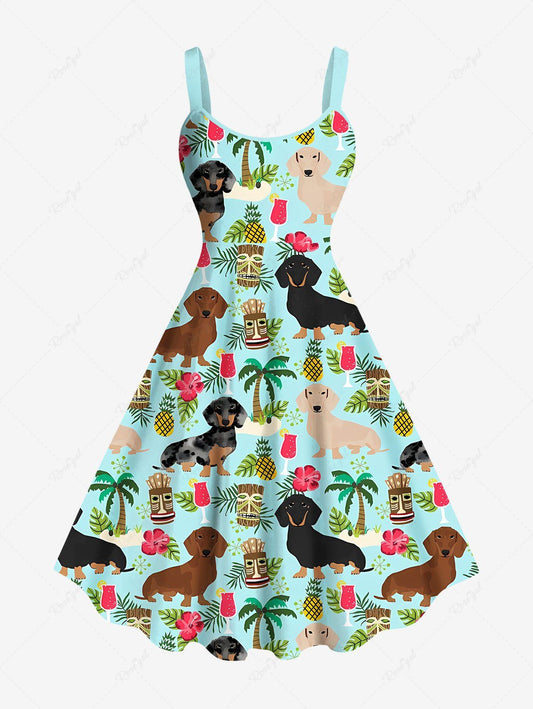Plus Size Coconut Tree Dogs Hibiscus Flowers Pineapple Mask Print Hawaii Tank Dress