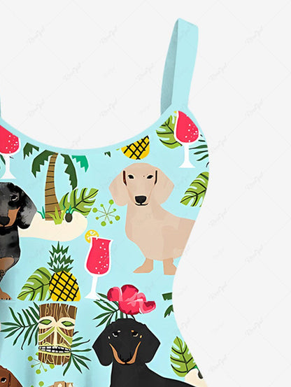 Plus Size Coconut Tree Dogs Hibiscus Flowers Pineapple Mask Print Hawaii Tank Dress