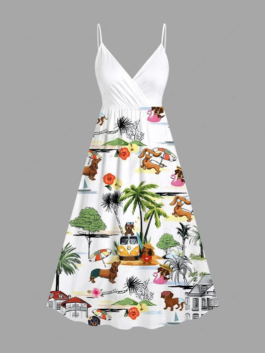 Plus Size Coconut Tree Hibiscus Flower Dog Seascape Print Hawaii Surplice A Line Cami Dress