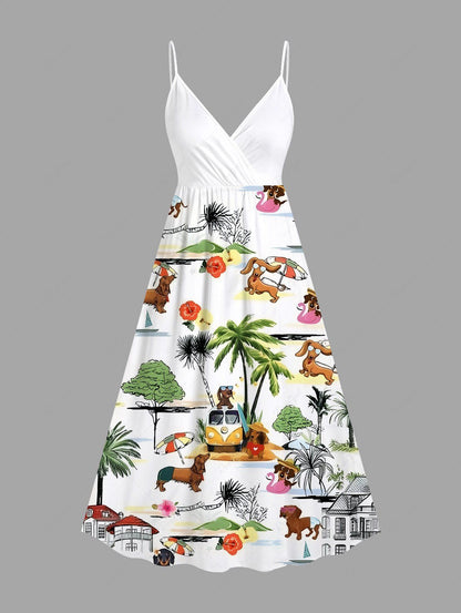 Coconut Tree Hibiscus Flower Seascape Printed Hawaii Shirt Dress Dog And Owner Matching Outfits