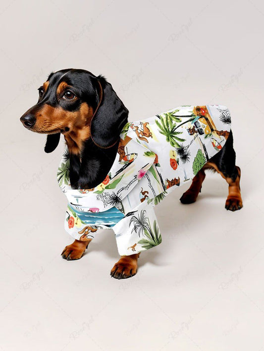 Pet's Coconut Tree Hibiscus Flower Dog Seascape Print Hawaii Button Shirt