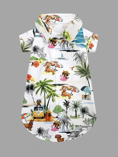 Pet's Coconut Tree Hibiscus Flower Dog Seascape Print Hawaii Button Shirt