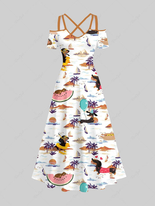 Plus Size Dog Coconut Tree Watermelon Print Cold Shoulder Crisscross Hawaii Maxi Dress