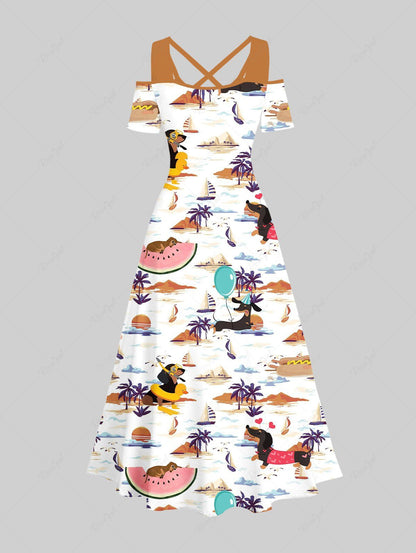 Plus Size Dog Coconut Tree Watermelon Print Cold Shoulder Crisscross Hawaii Maxi Dress