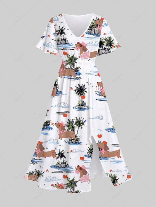 Plus Size Coconut Tree Dogs Cloud Heart Star Print Split Hawaii Midi Dress