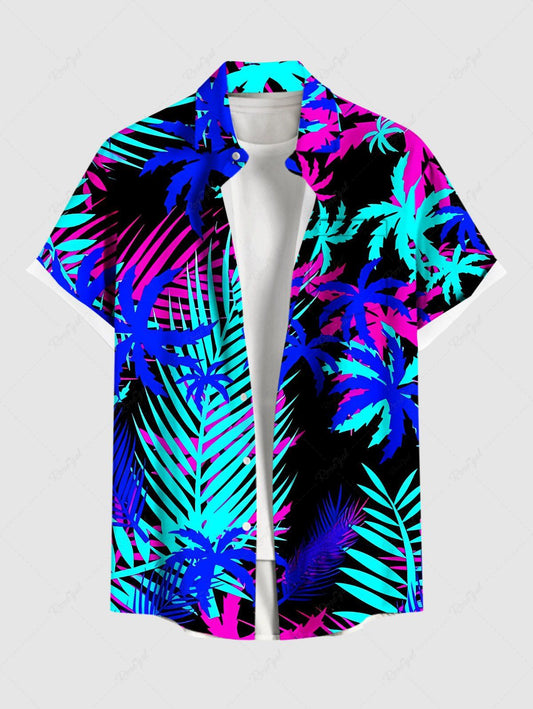 Plus Size Coconut Tree Tropical Leaf Print Buttons Pocket Hawaii Shirt For Men