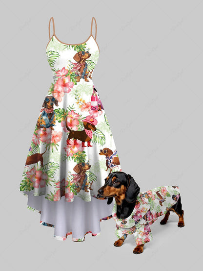 Dogs Hibiscus Flowers Tropical Leaf Print Hawaii Shirt and Cami Dress Dog and Owner Matching Outfits