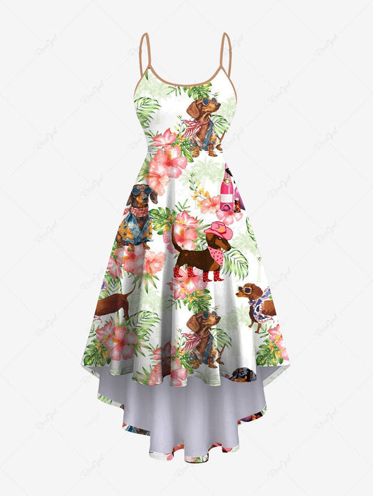 Plus Size Dogs Hibiscus Flowers Tropical Leaf Print High Low Hawaii Cami Dress