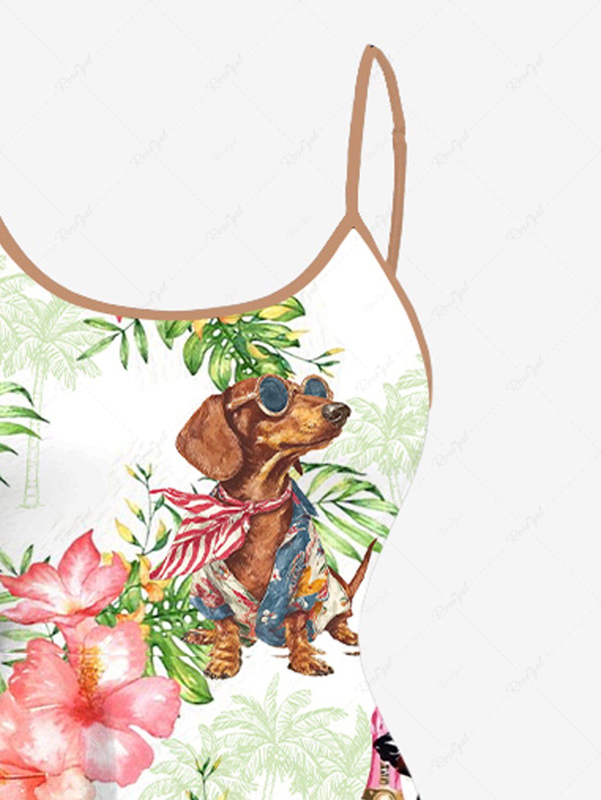 Plus Size Dogs Hibiscus Flowers Tropical Leaf Print High Low Hawaii Cami Dress