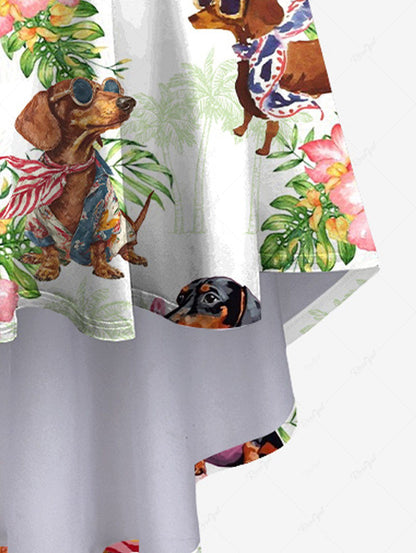 Plus Size Dogs Hibiscus Flowers Tropical Leaf Print High Low Hawaii Cami Dress