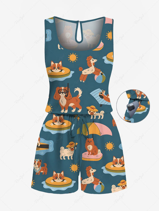 Plus Size Cute Dog Sun Beach Print Hawaii Drawstring Pocket Romper
