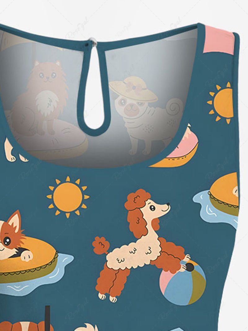 Plus Size Cute Dog Sun Beach Print Hawaii Drawstring Pocket Romper