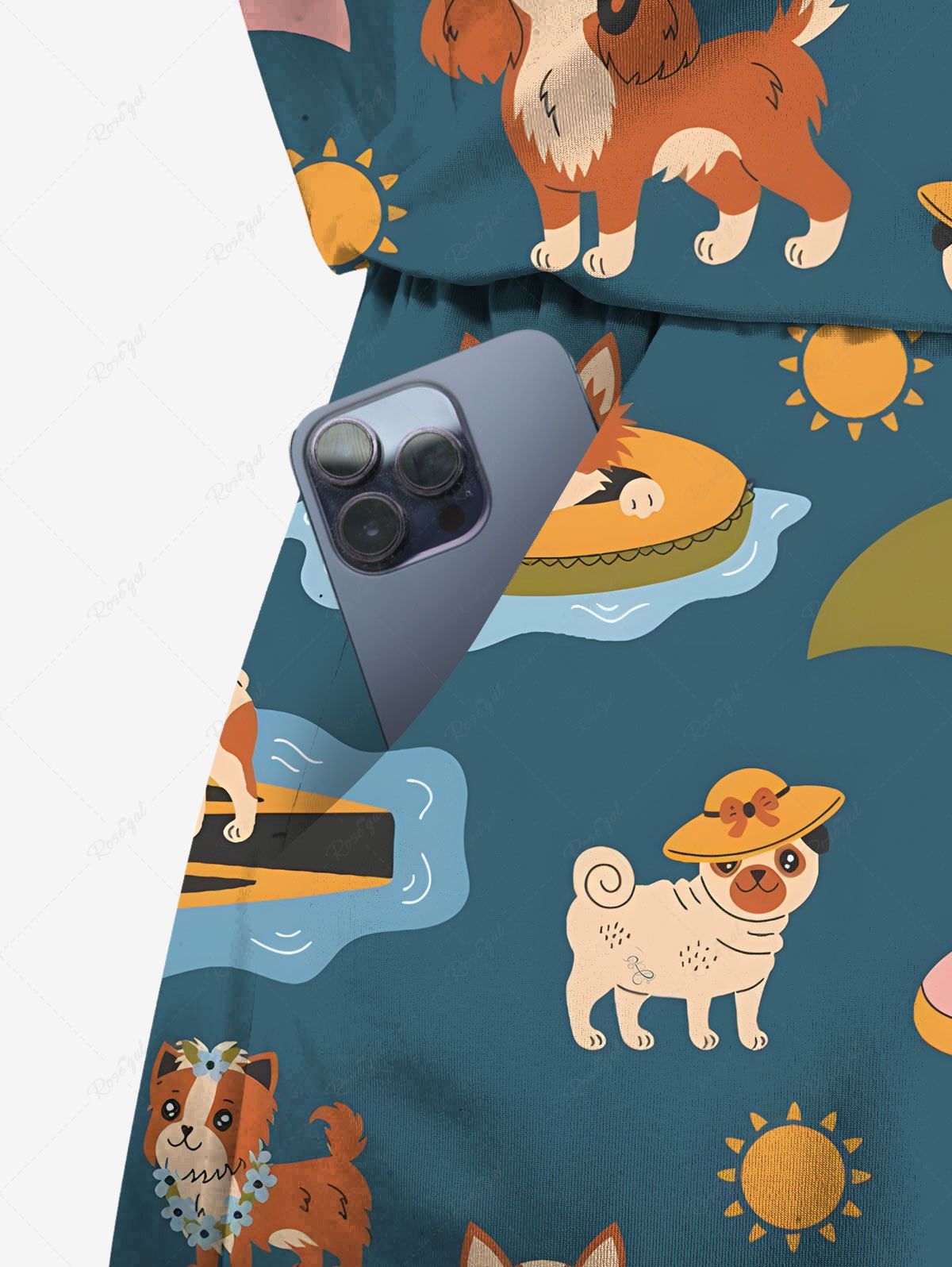 Plus Size Cute Dog Sun Beach Print Hawaii Drawstring Pocket Romper