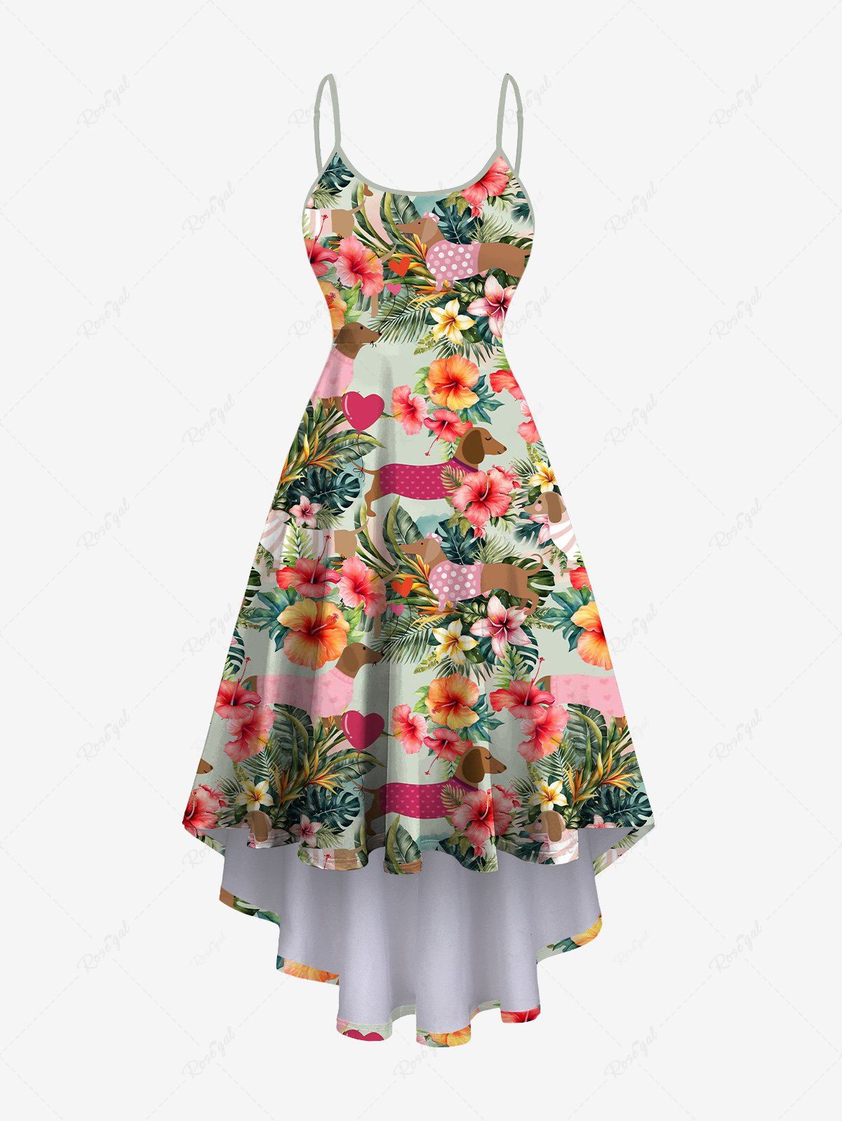 Plus Size Dogs Hibiscus Flowers Tropical Leaf Print High Low Hawaii Cami Dress