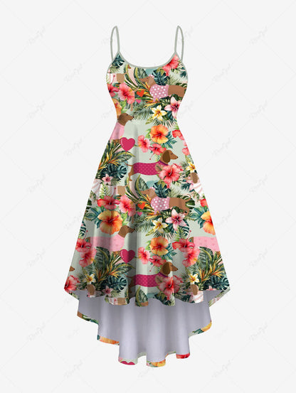 Plus Size Dogs Hibiscus Flowers Tropical Leaf Print High Low Hawaii Cami Dress