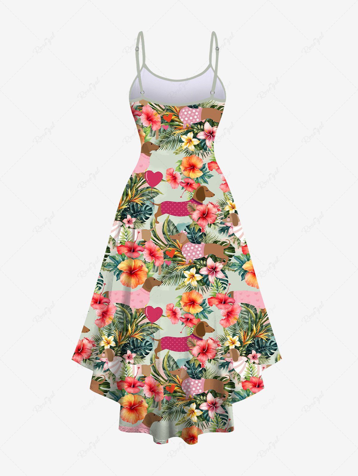 Plus Size Dogs Hibiscus Flowers Tropical Leaf Print High Low Hawaii Cami Dress