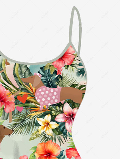 Plus Size Dogs Hibiscus Flowers Tropical Leaf Print High Low Hawaii Cami Dress
