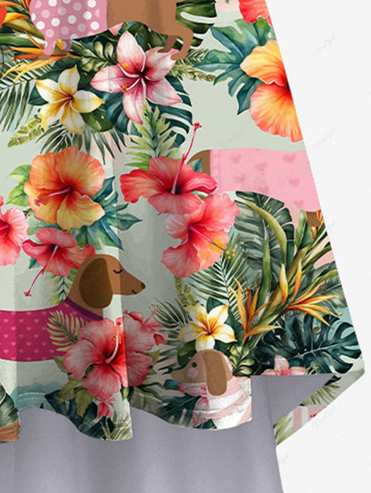 Plus Size Dogs Hibiscus Flowers Tropical Leaf Print High Low Hawaii Cami Dress