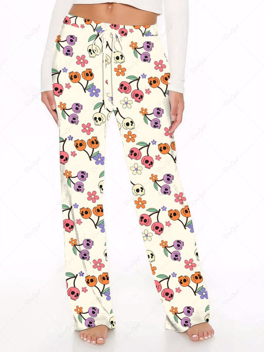 Plus Size Skull Cherry Flower Print Drawstring Pocket Wide Leg Pants