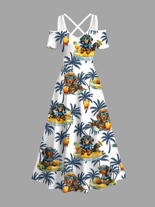 Plus Size Dogs Fruit Juice Coconut Tree Print Cold Shoulder Crisscross Hawaii Maxi Dress