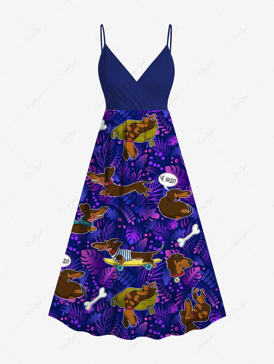 Plus Size Dogs Bones Tropocal Leaf Print Surplice Hawaii Cami Dress