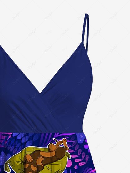 Plus Size Dogs Bones Tropocal Leaf Print Surplice Hawaii Cami Dress