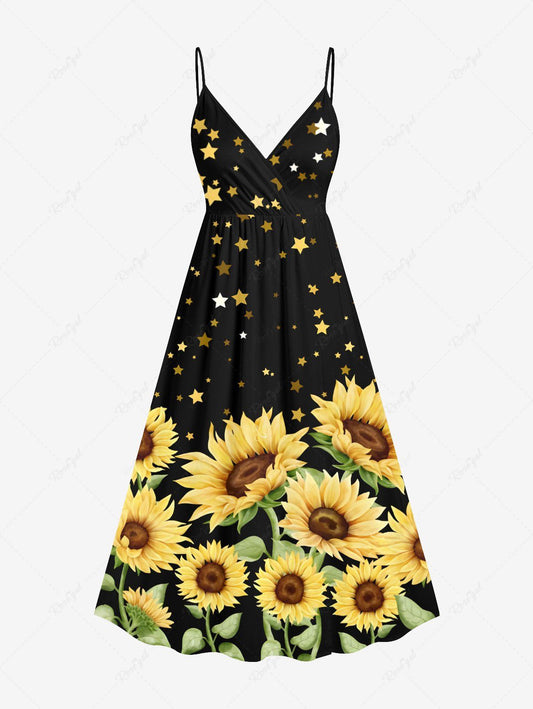 Plus Size Sunflower Star Print Hawaii Surplice A Line Cami Dress