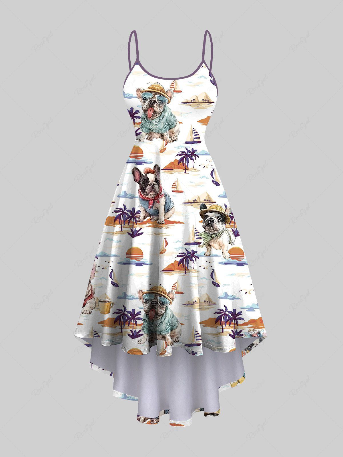 Plus Size Dogs Coconut Tree Sun Sailboat Print High Low Hawaii Cami Dress