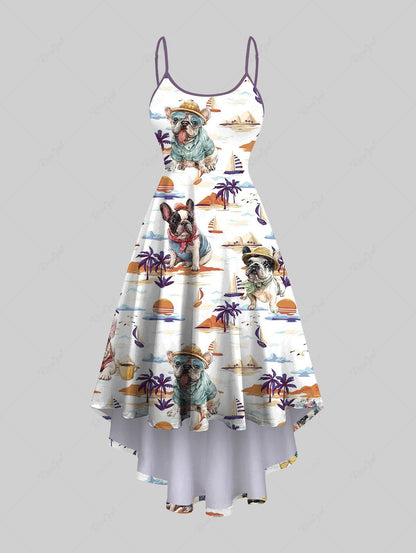 Plus Size Dogs Coconut Tree Sun Sailboat Print High Low Hawaii Cami Dress