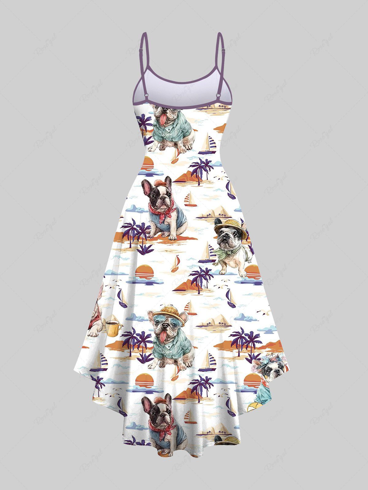 Plus Size Dogs Coconut Tree Sun Sailboat Print High Low Hawaii Cami Dress