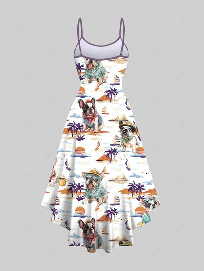 Plus Size Dogs Coconut Tree Sun Sailboat Print High Low Hawaii Cami Dress