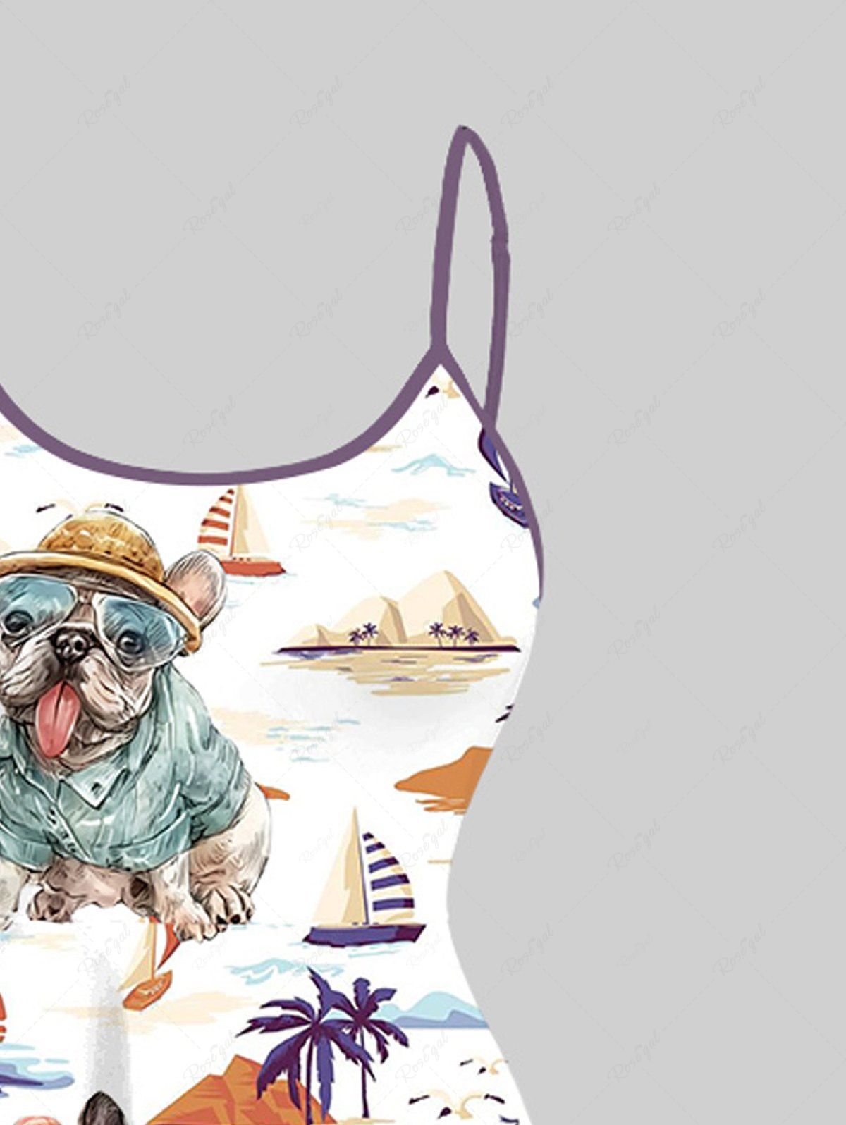 Plus Size Dogs Coconut Tree Sun Sailboat Print High Low Hawaii Cami Dress