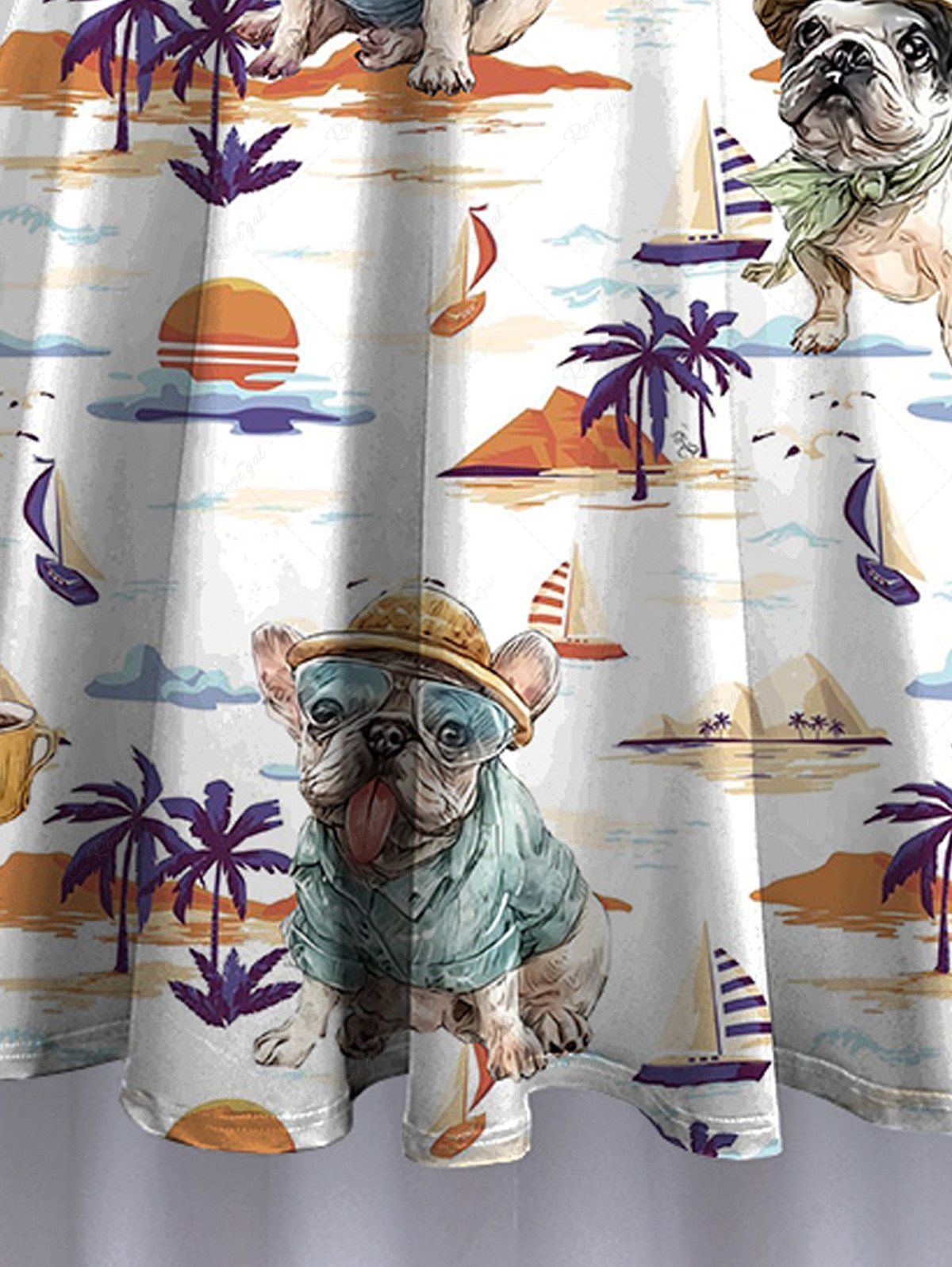 Plus Size Dogs Coconut Tree Sun Sailboat Print High Low Hawaii Cami Dress