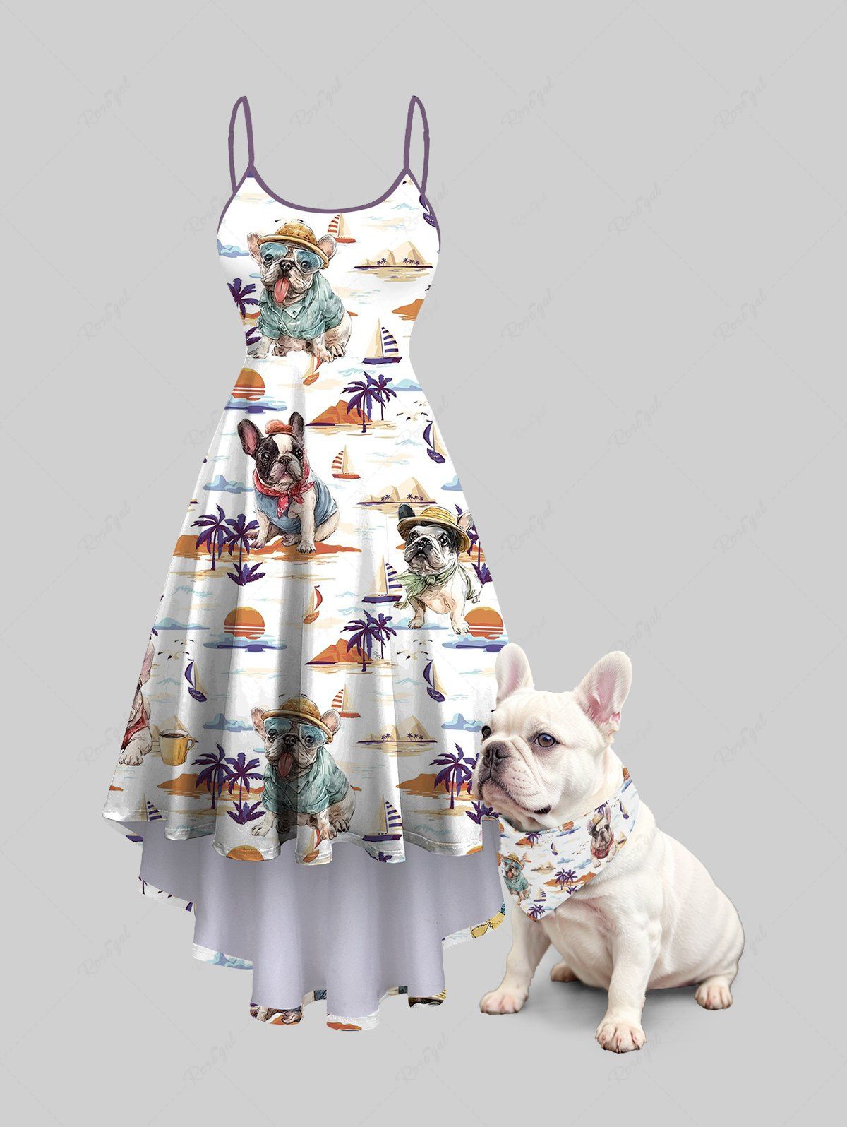 Dogs Coconut Tree Sun Sailboat Print Hawaii Bandana and Cami Dress Dog and Owner Matching Outfits