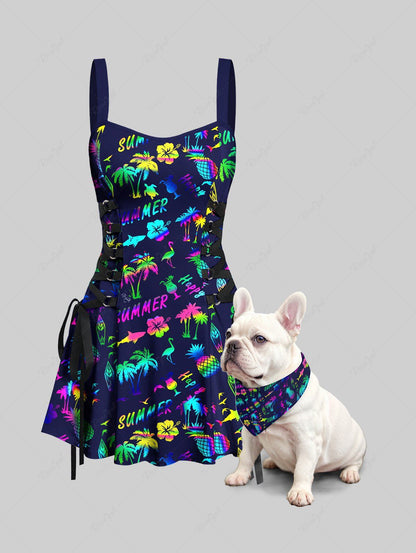 Colorful Coconut Tree Pineapple Hibiscus Flowers Flamingo Fish Print Hawaii Bandana and Tank Dress Dog and Owner Matching Outfits
